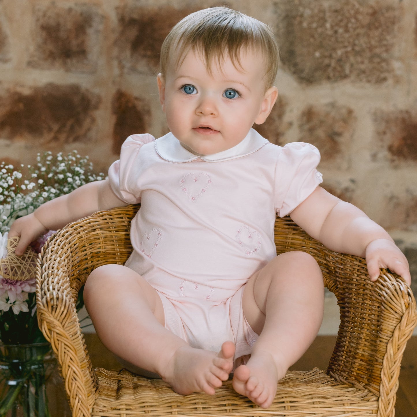 Emile et Rose - Jody Pink Baby Girls Heart Embroidered Summer Romper